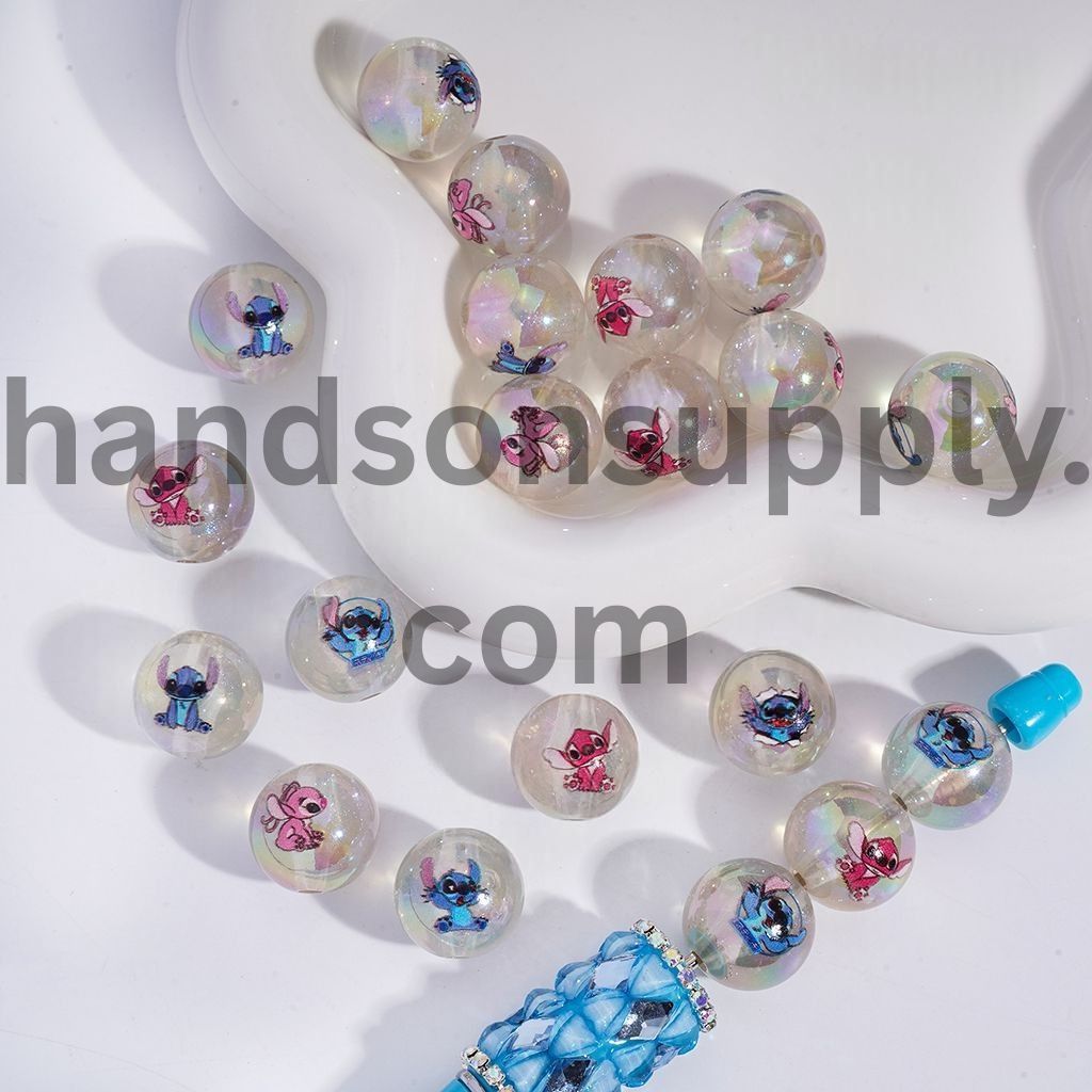 UV‑Coated Pink & Blue Monster Characters and Glitter Acrylic Bracelet Beads 16MM Random Mix