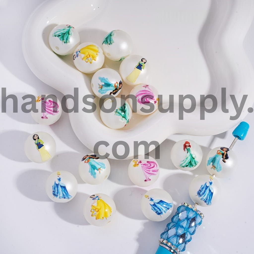 Cute Princess Character Print Round Pearl White Acrylic Beads 20MM,Random Mix