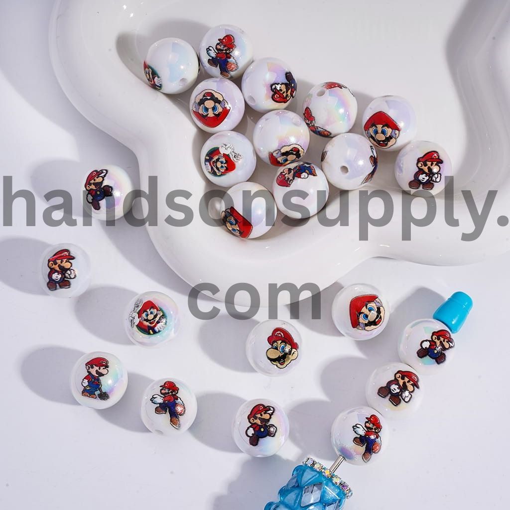 UV Coating w Plumber Character Round Prints Series Acrylic Beads for Bracelets 16MM, Random Mix