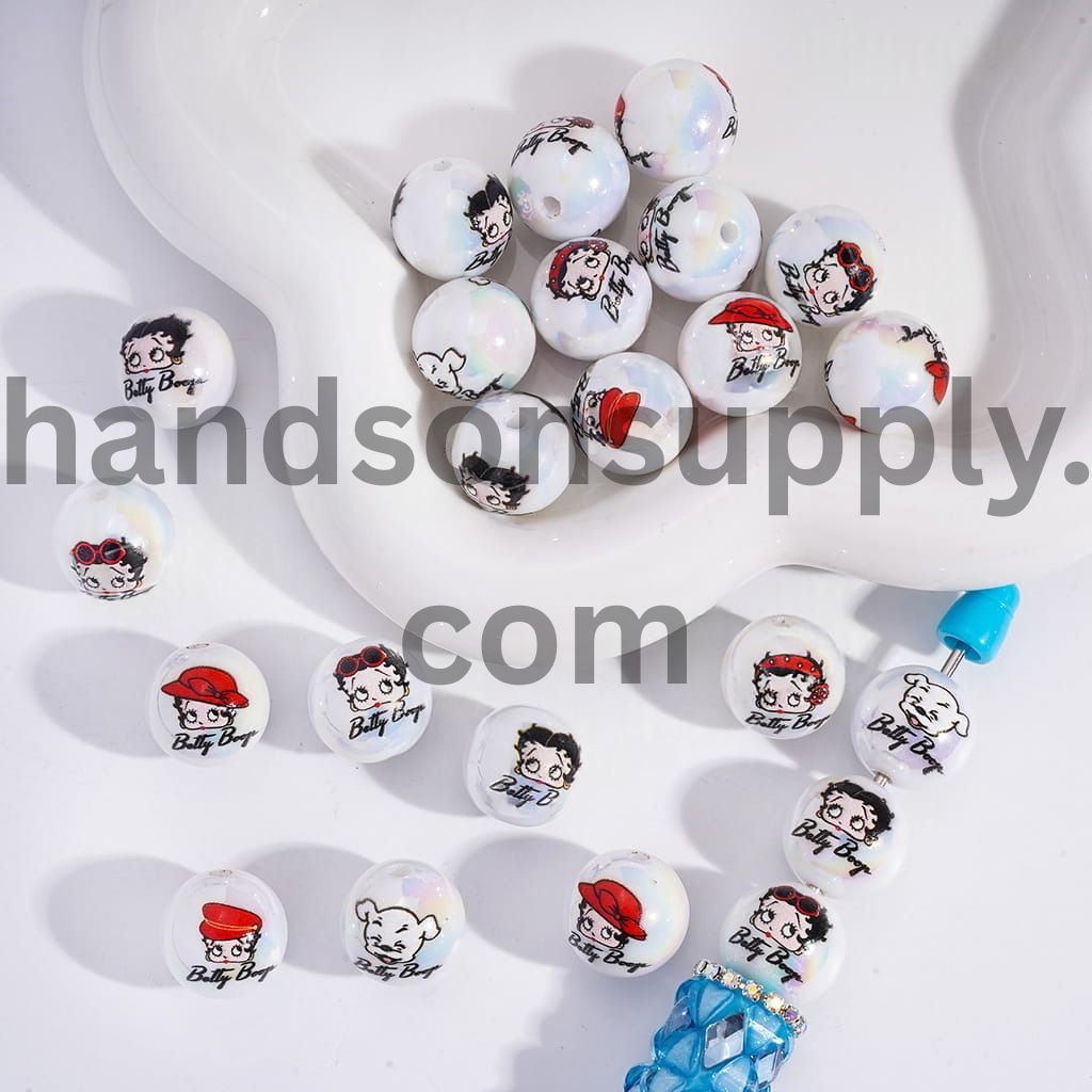 UV Coating w Old Girl Character and Dog Series Round Print Acrylic Beads for Bracelets 16MM, Random Mix