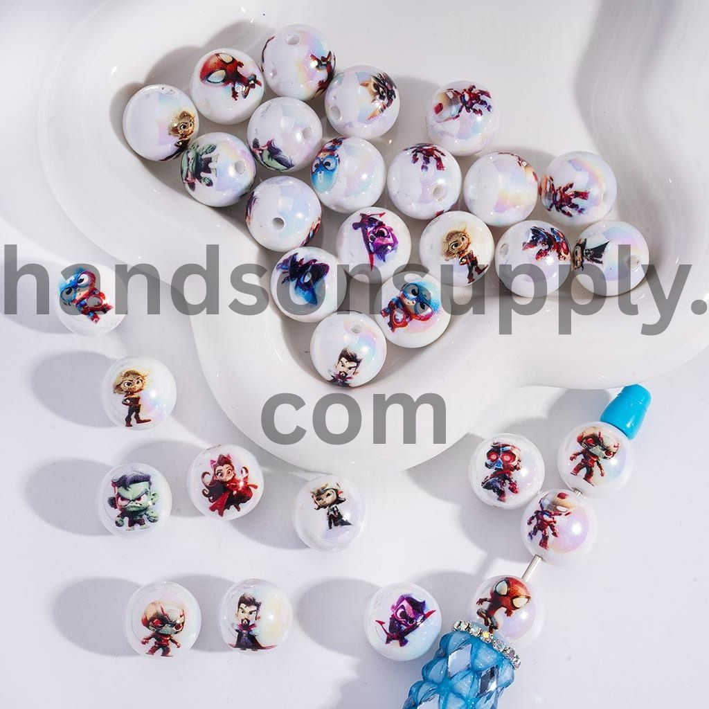 UV Coating with Strong Character Hero Series Round Acrylic Beads for Bracelets 16MM, Random Mix
