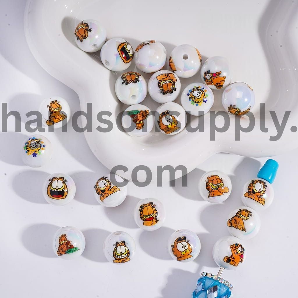 UV Coating with Lazy Cat Character Series Round Print Acrylic Beads for Bracelets 16MM, Random Mix