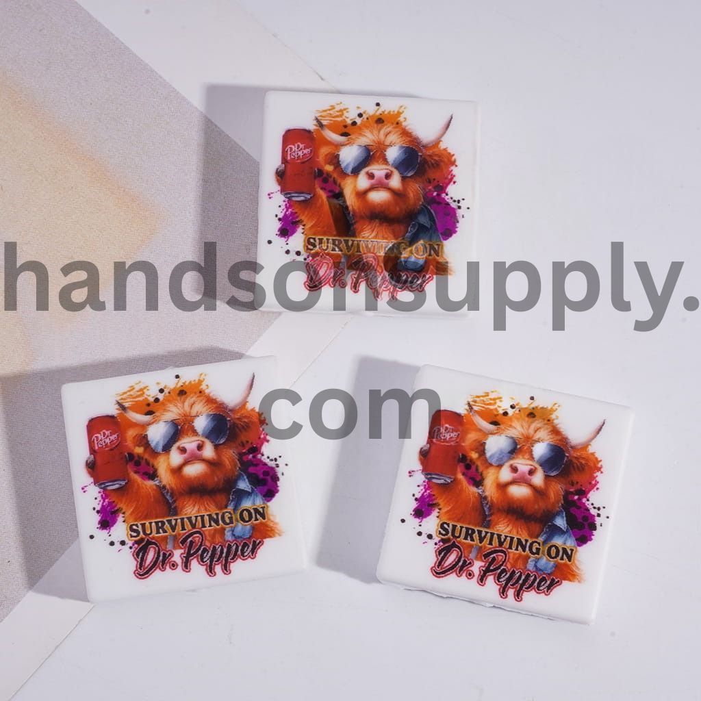 Cool Highland Cow with Sunglasses & Soda Drink Flat Square Silicone Focal Bead
