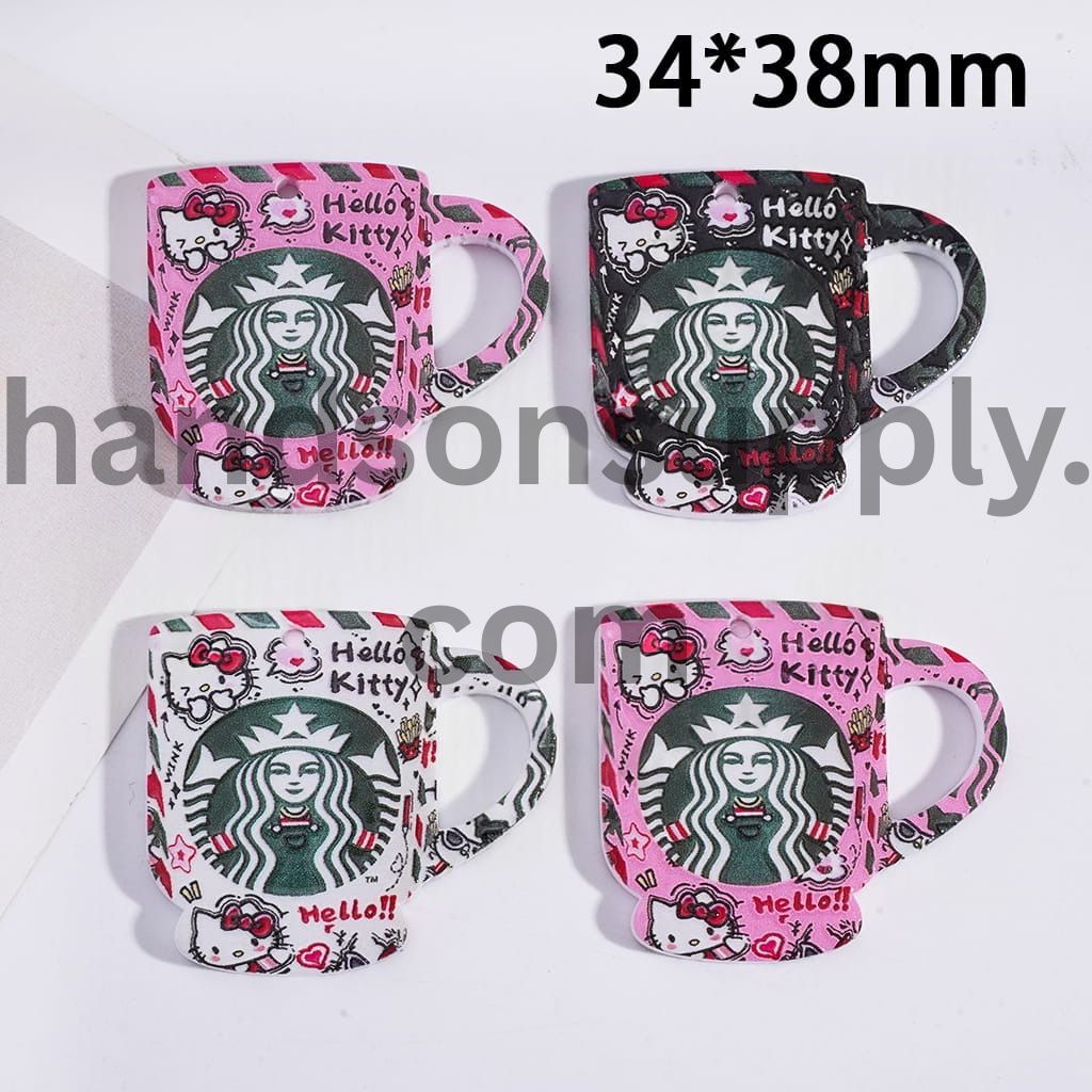 Cute Cat Character Coffee & Tea Cup Acrylic Pendant 34*38MM, Random Mix
