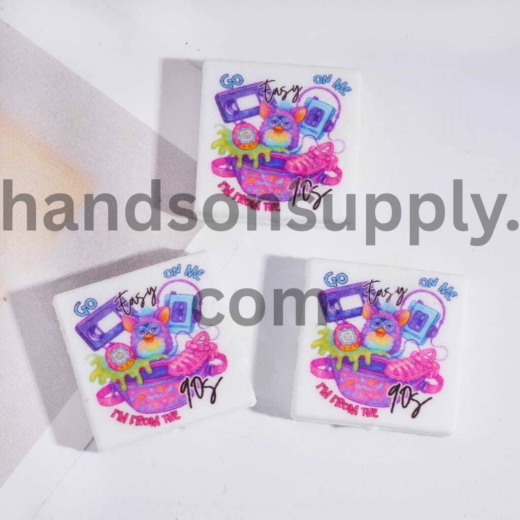 Electronic Pet Doll Prints 90S Retro Theme, Flat Square Shape Silicone Focal Beads