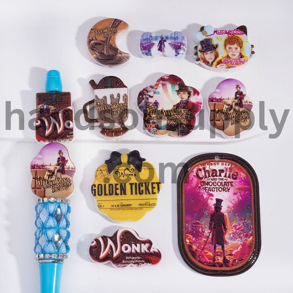 Boy & Chocolate Factory Print in Various & Shape Designs Acrylic Pendant Beads Random Mix