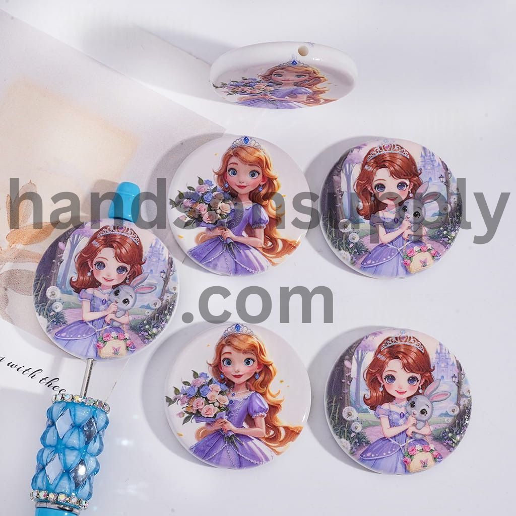 Golden‑Haired Princess with Flower & Bunny Print Round Acrylic Beads, 39MM Random Mix