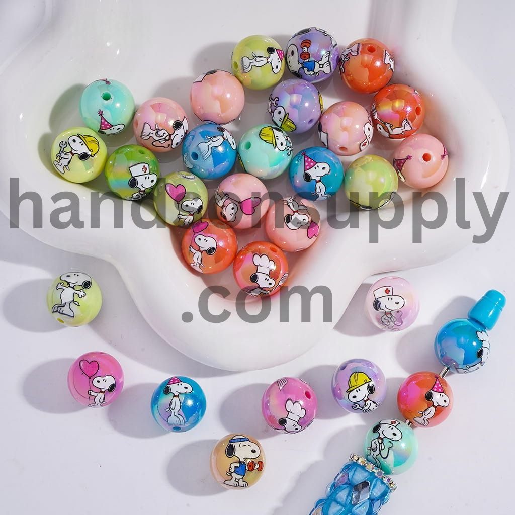 UV Coated Beagle Pup Pattern Round Acrylic Beads 16MM Random Mix