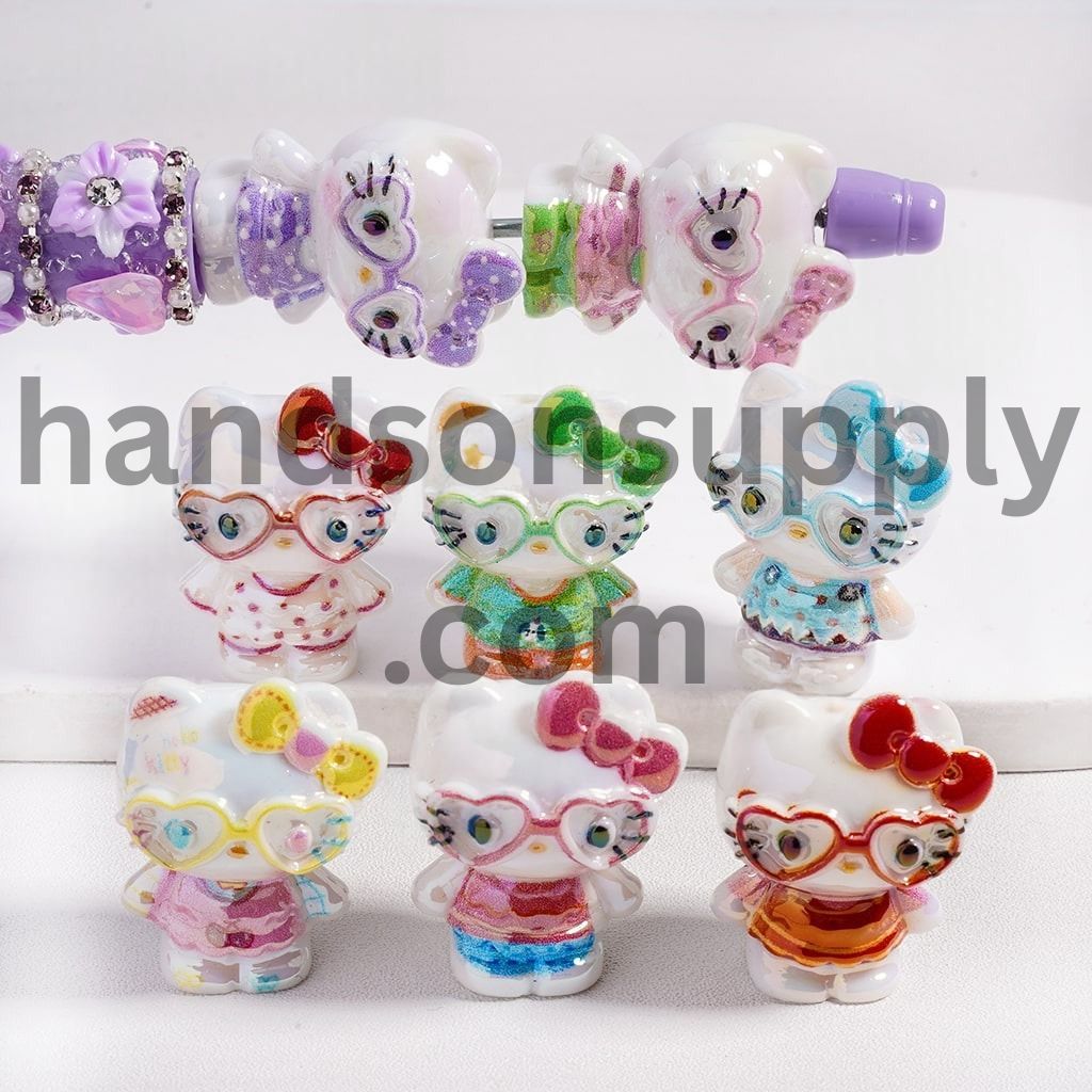 UV Coating Cute Cat Character with Heart-Shaped Glasses and Various Clothes, Acrylic Beads Height 27MM, Multi-Color, Random Mix