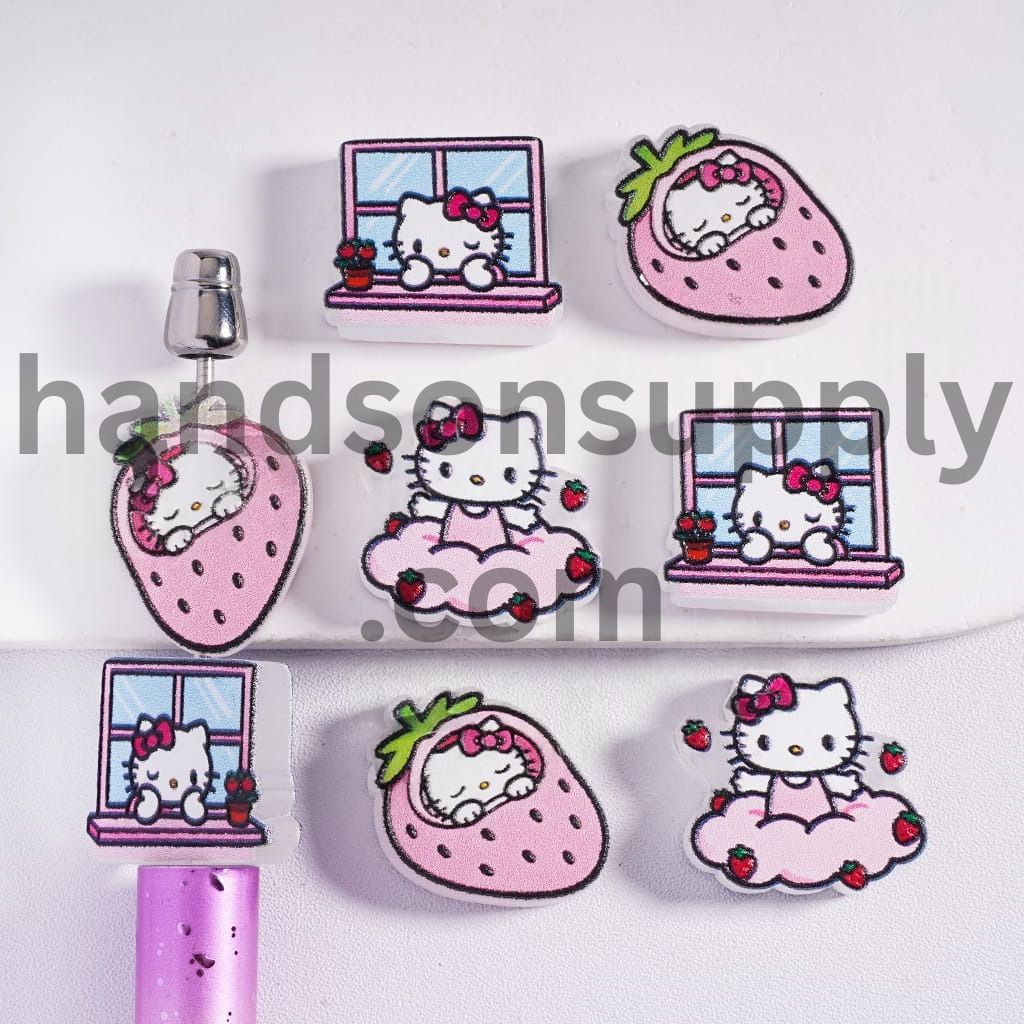 Strawberry and Cute Cat Character Prints, Pink Series, Acrylic Beads Random Mix