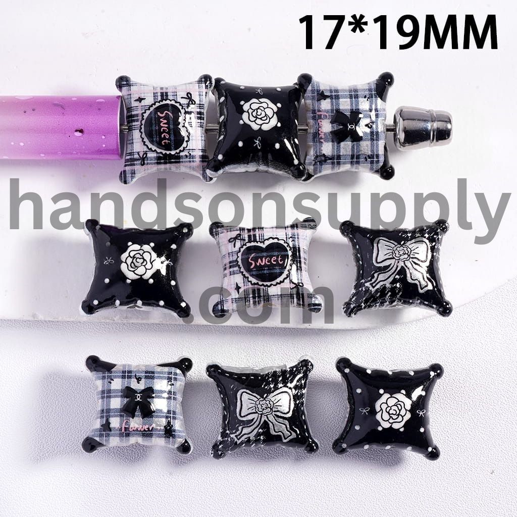 Pillow Shape with Camellia Flower and Bowtie, Dark Style, Acrylic Beads 17*19MM, Random Mix