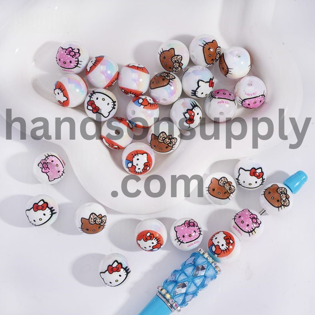 UV‑Coated White Background Cute Cat Character Round Acrylic Beads 16 mm Random Mix