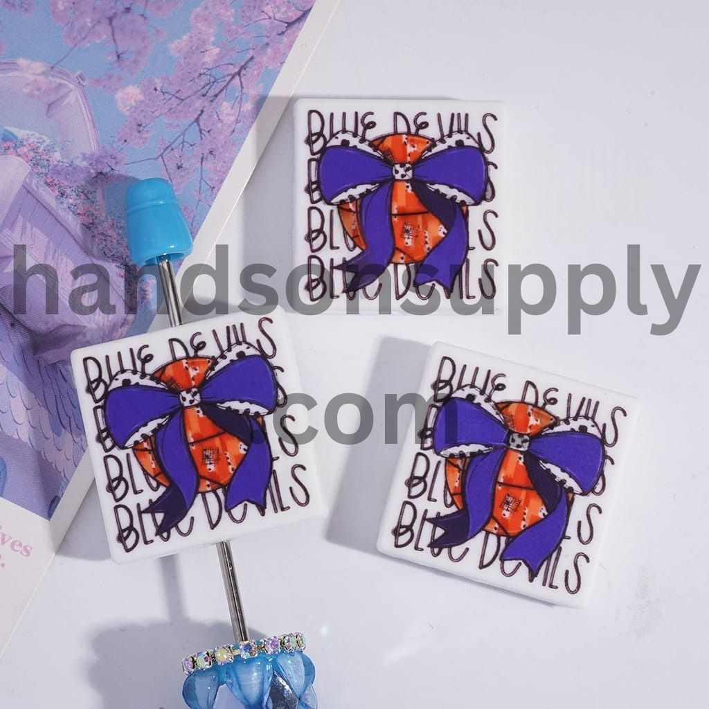 Blue Bowtie on Orange Basketball, Flat Square Shape Silicone Focal Beads