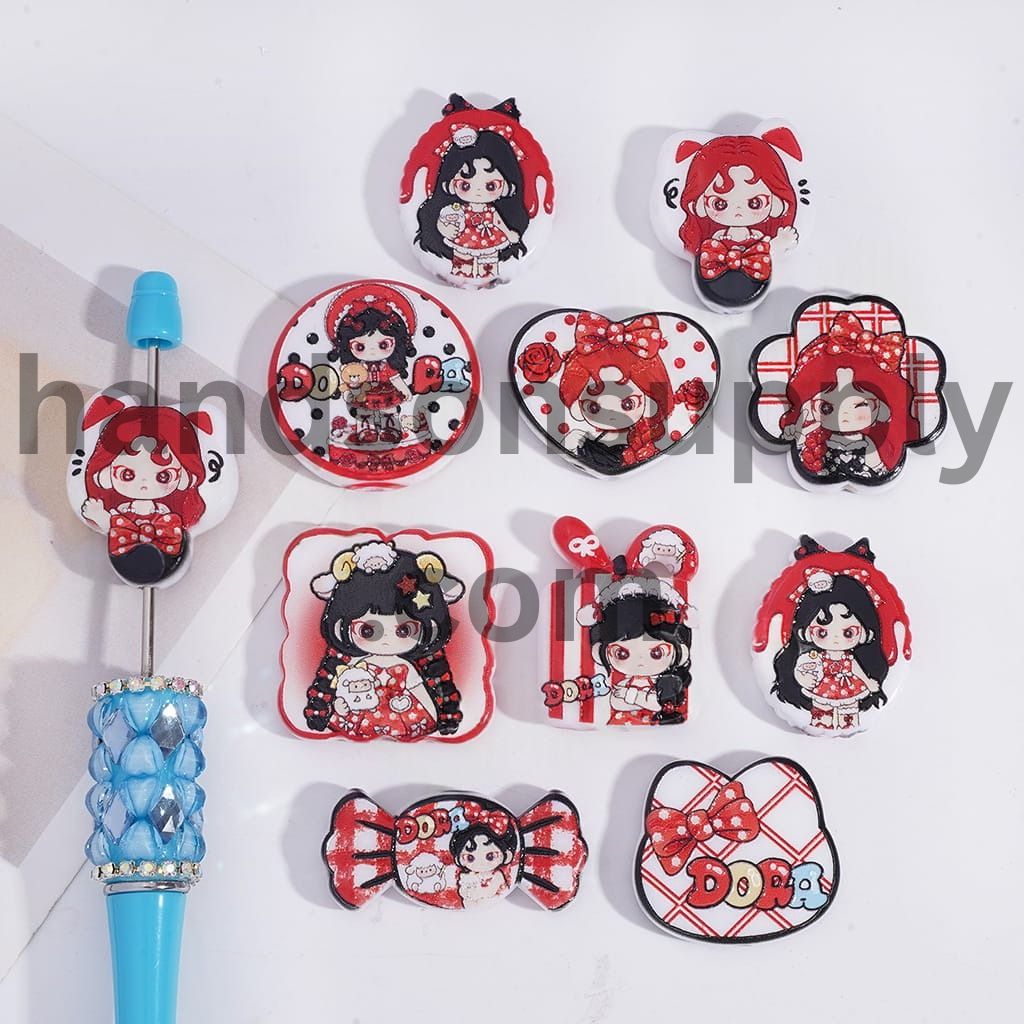 Rebellious Girl Prints, Red Series, Assorted Shapes Acrylic Beads Pendant Random Mix