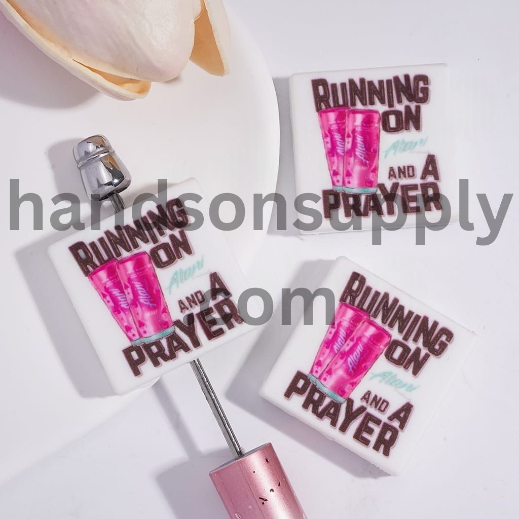Two Can Pink Energy Drink and Black Text, Flat Square Shape Silicone Focal Beads