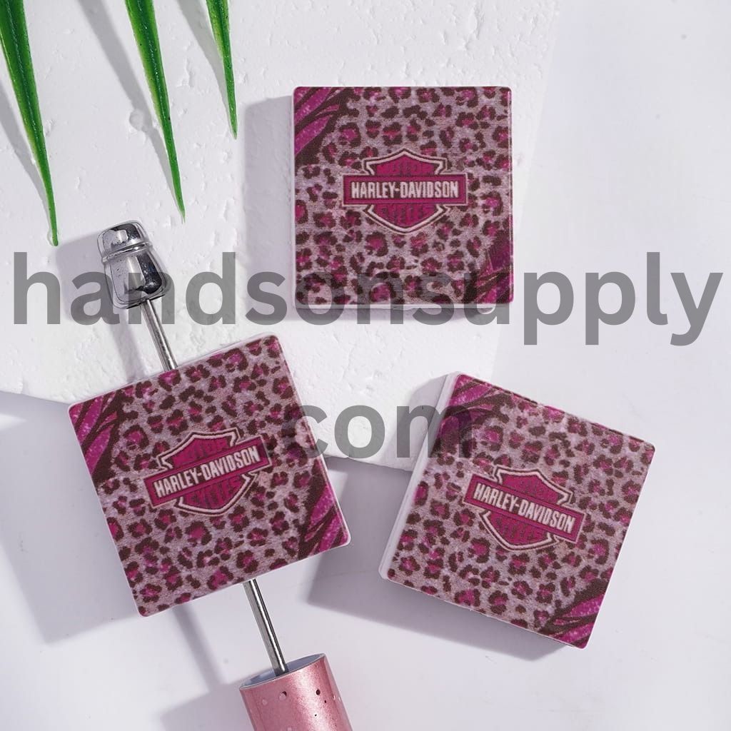 Motorcycle Girl Culture Design on Pink Leopard Background, Flat Square Shape Silicone Focal Beads