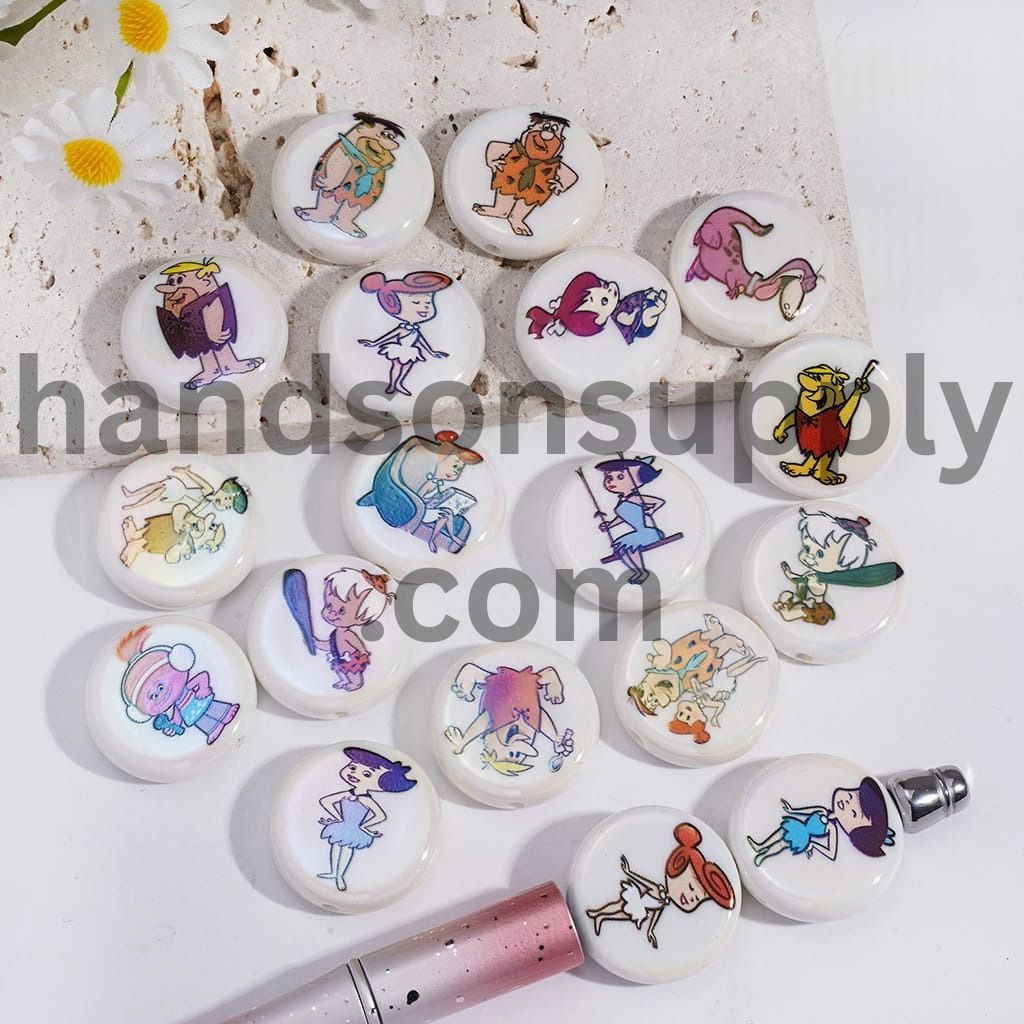 UV Coated unny Stone Age Family & Neighbors Flat Round Acrylic Beads Random Mix