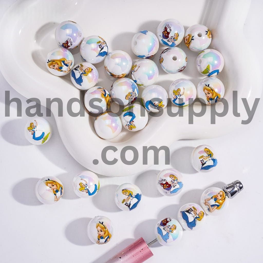 Girl Into Rabbit Hole Fantasy World Print Round Acrylic Beads 16mm Random Mix