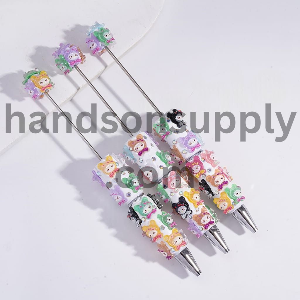 Cute Cat Character with Shiny Bear Hat and AB Rhinestones Beadable Clay Pens