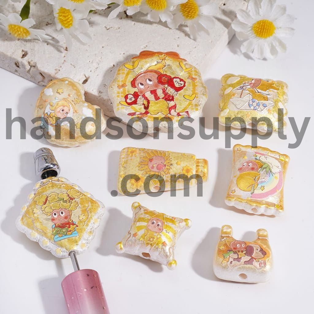 Baby Star Doll Print Yellow Series in Various Shapes Acrylic Beads Random Mix
