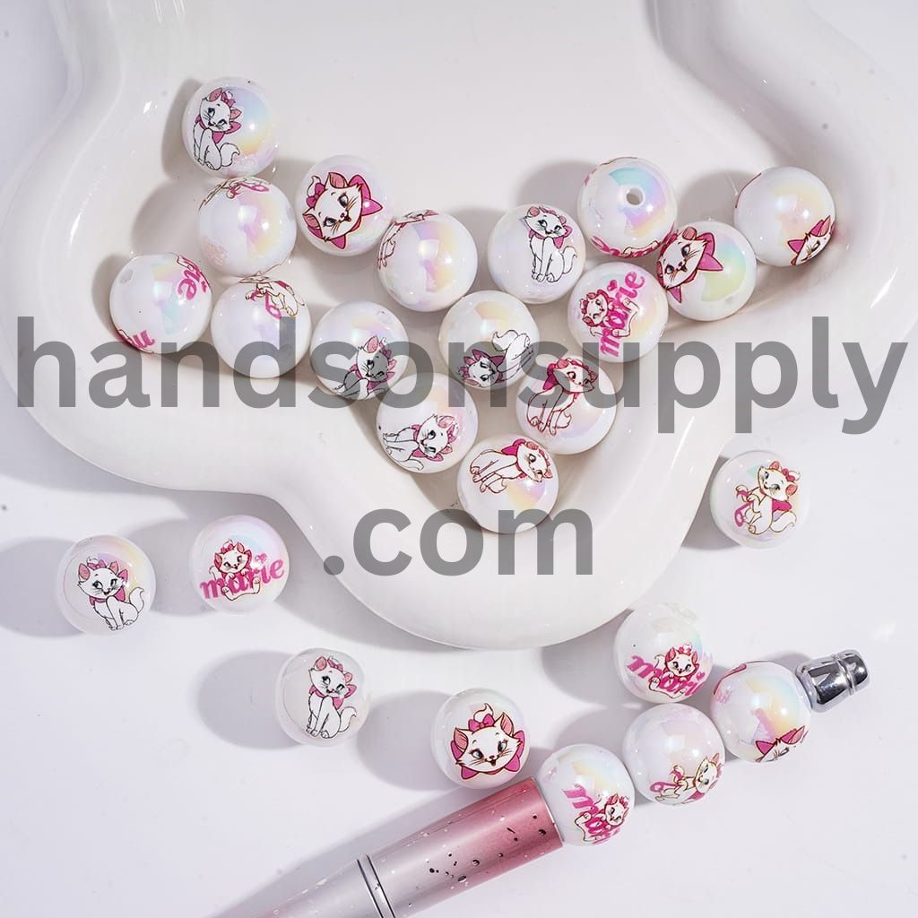 UV Coated Cute Cat Character Round Acrylic Beads for Bracelets 16MM Random Mix