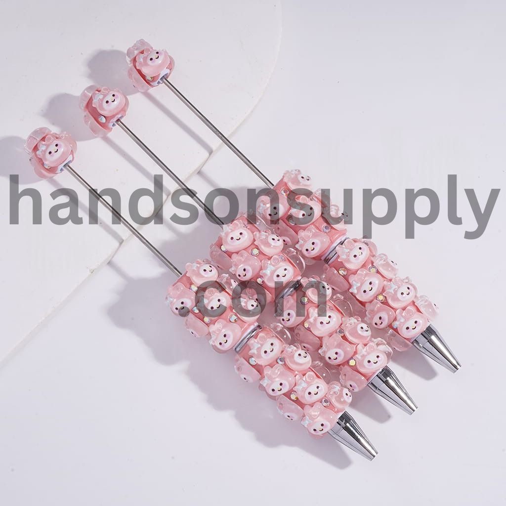 Cute Pink Bunny Girl Character and Sparkling AB Rhinestones in Assorted Styles Beadable Clay Pens