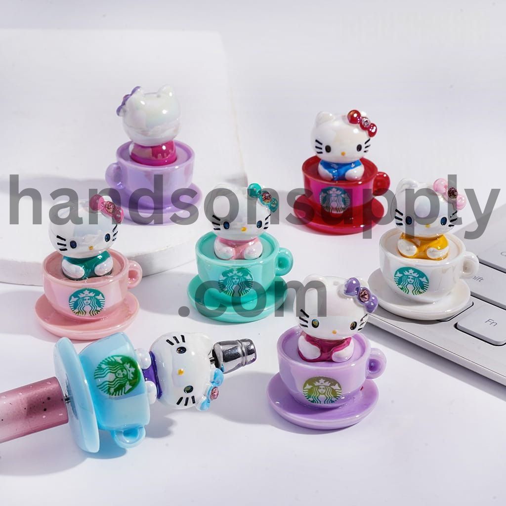 UV Coated Cute Cat Character Wearing Bowknot and Sitting in Coffee Cup with Rhinestone Acrylic Beads 37MM Random Mix
