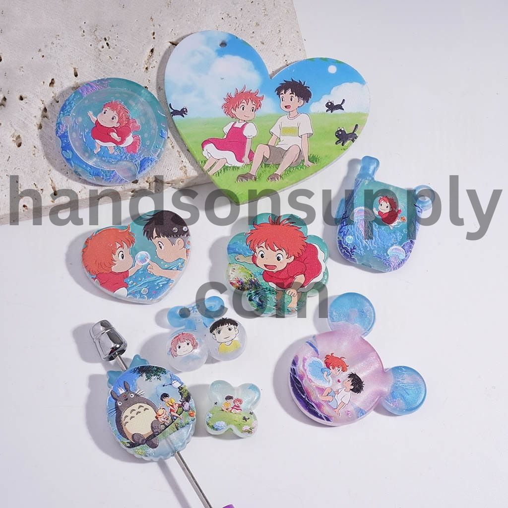 Cute Anime Style Japanese Fantasy Girl with Goldfish & Chinchilla Character Acrylic Beads Pendants Random Mix