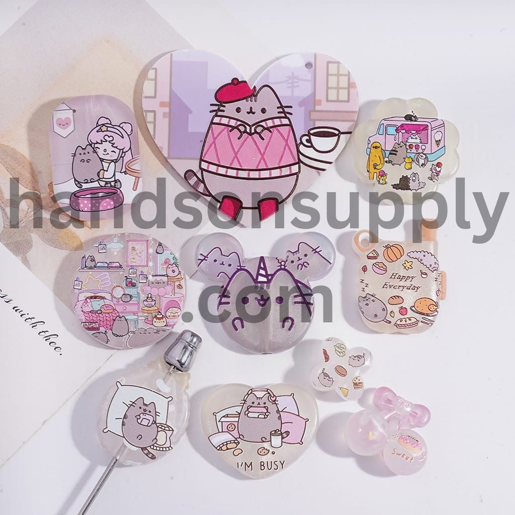 Cute Fat Plump Lucky Cat Character Print in Various Designs,& Shape Acrylic Beads Random Mix