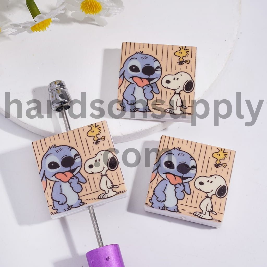 Cute Blue Monster with Beagle Dog & Yellow Bird Light Brown Wall Design, Flat Square Shape Silicone Focal Beads
