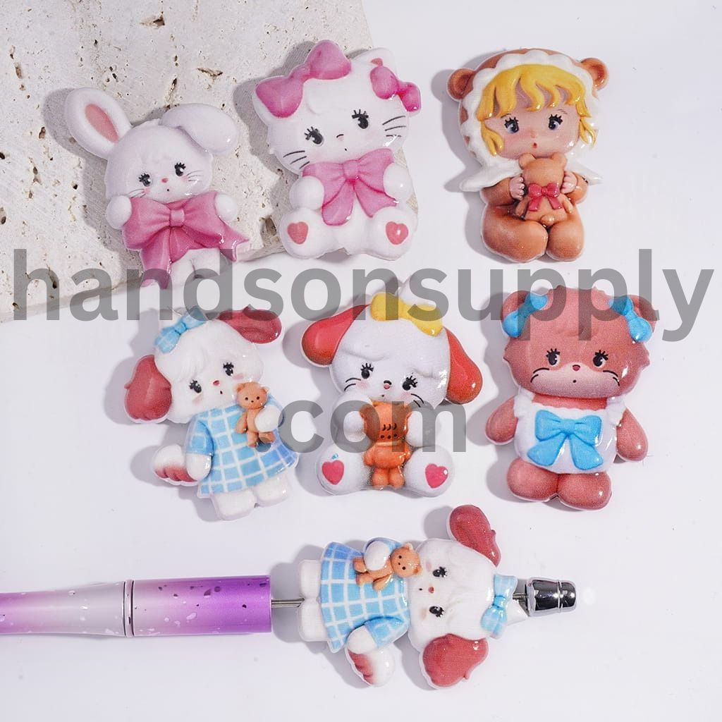 Glossy Concavo-Convex Cute Animal Character Bunny, Kitty, Bear & Puppy Mix Acrylic Beads