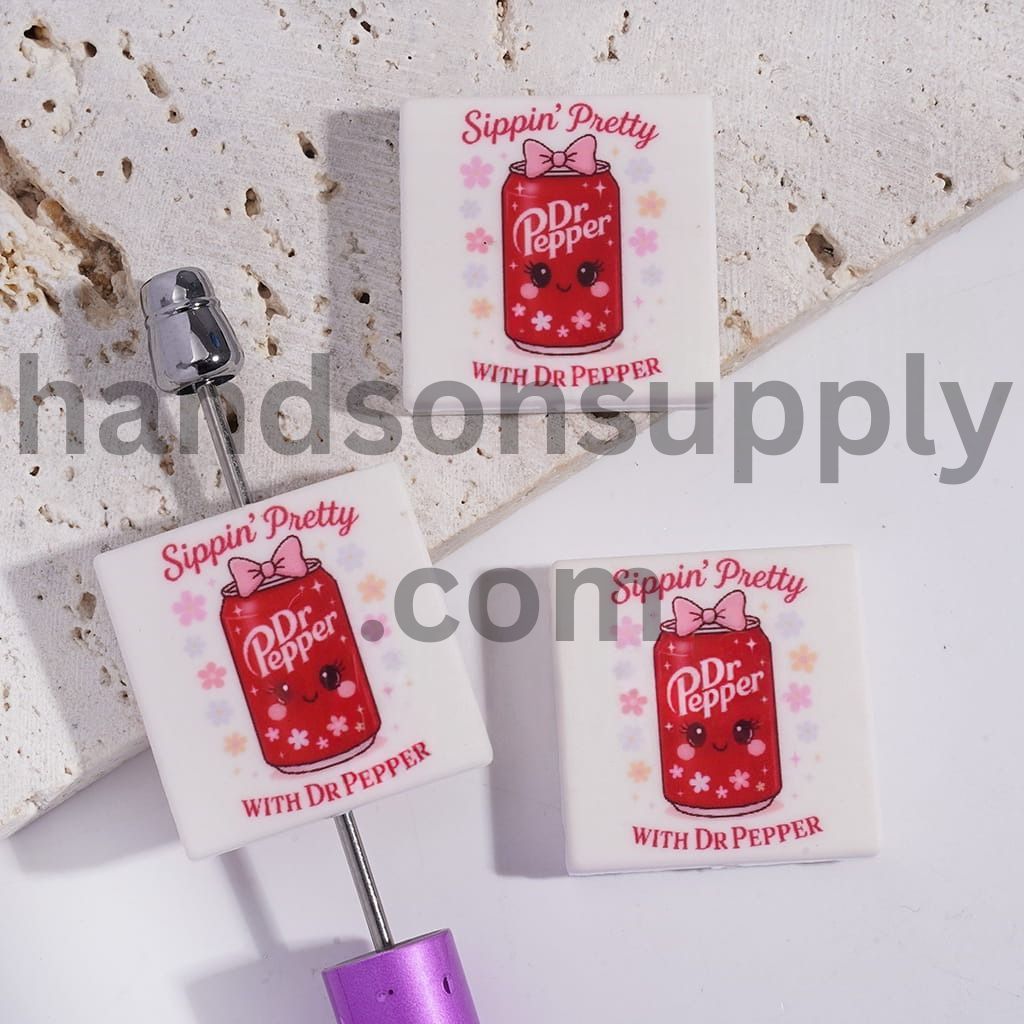 Red Soda Drink Can and Flowers Print on Flat Square Shape Silicone Focal Beads