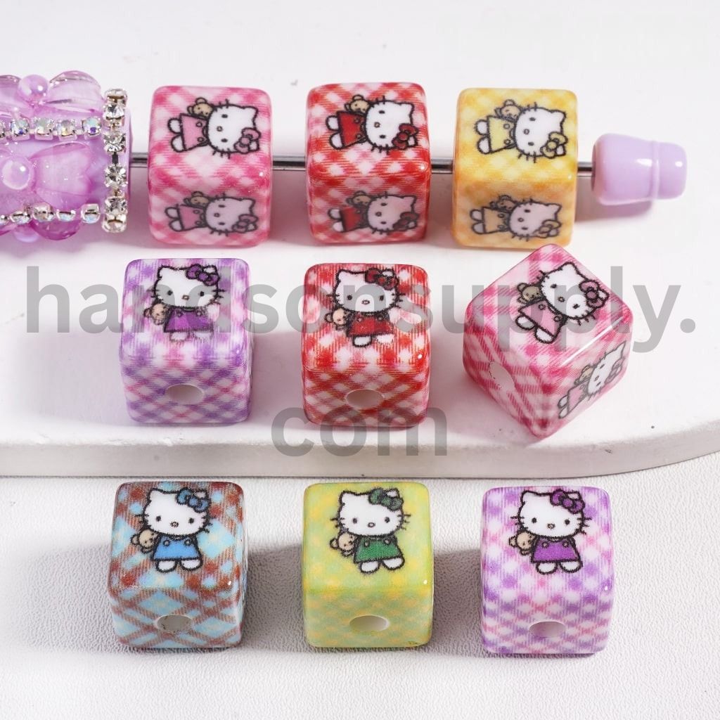 Cute Cat Checkered Print Cube Square Shape Acrylic Beads 14*14MM, Random Mix