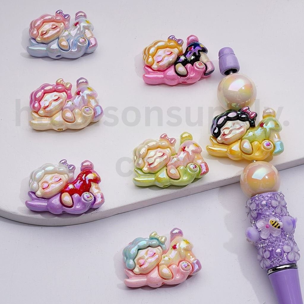 Cute Baby Dimo Monster Doll Sleeps with a Pink Bunny UV Coating Acrylic Beads, 30*23MM, Random Mix