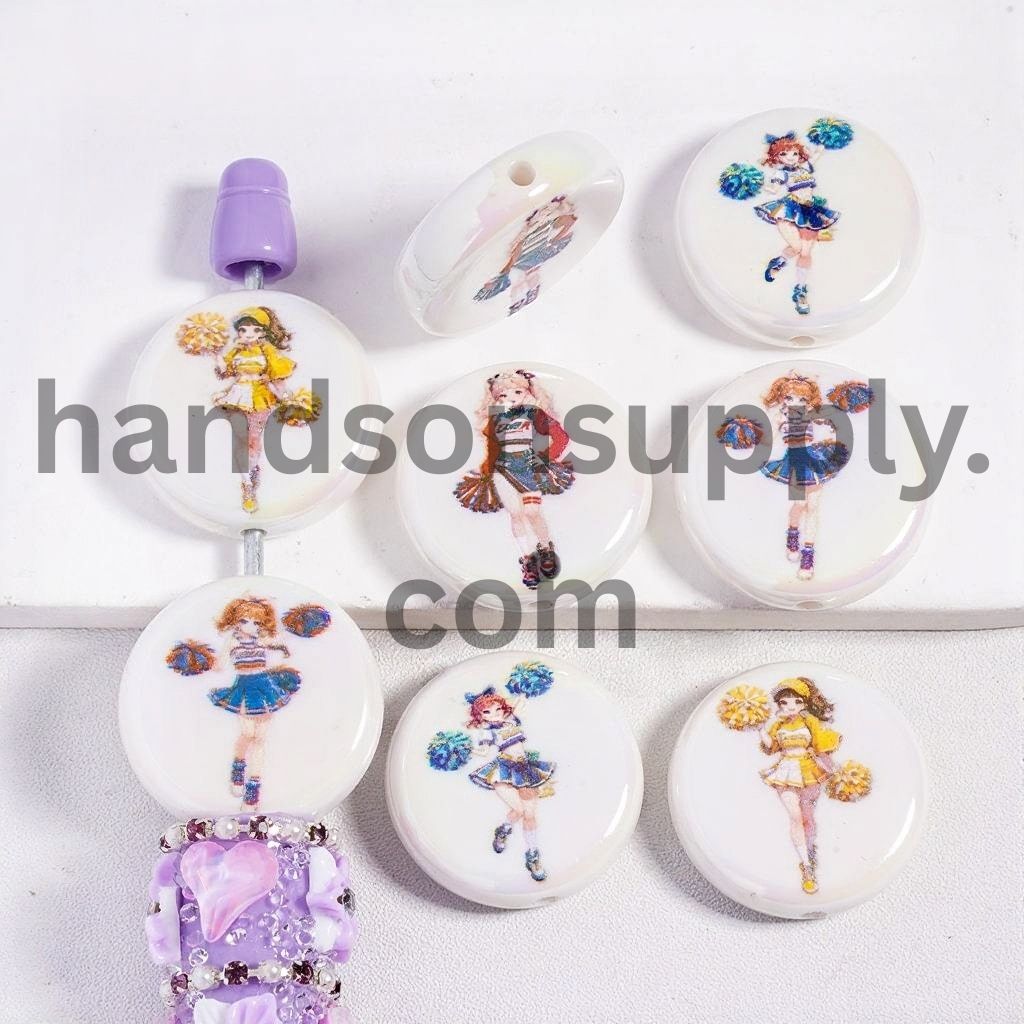 UV Coating Cheerleaders in Assorted Designs, Double Side Prints Flat Round Acrylic Beads 23MM, Random Mix