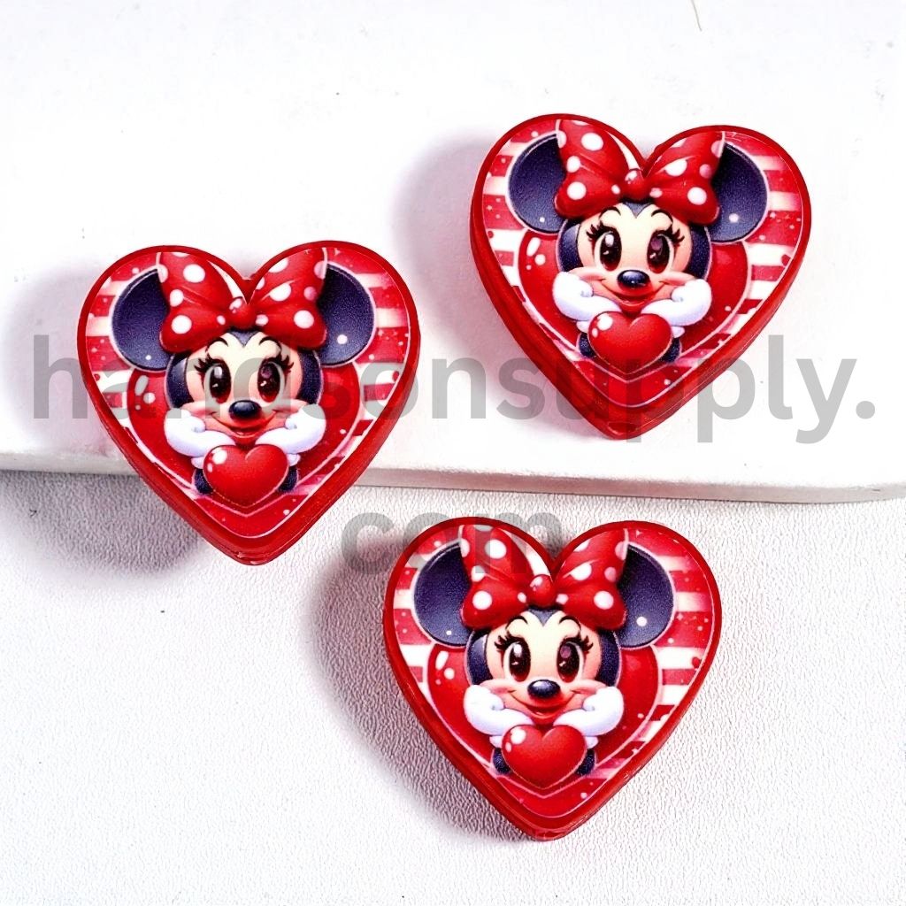 Cute Girl Mouse Character Chin in Hand and Red Heart Valentine's Day Theme Heart Shape Design Silicone Focal Beads