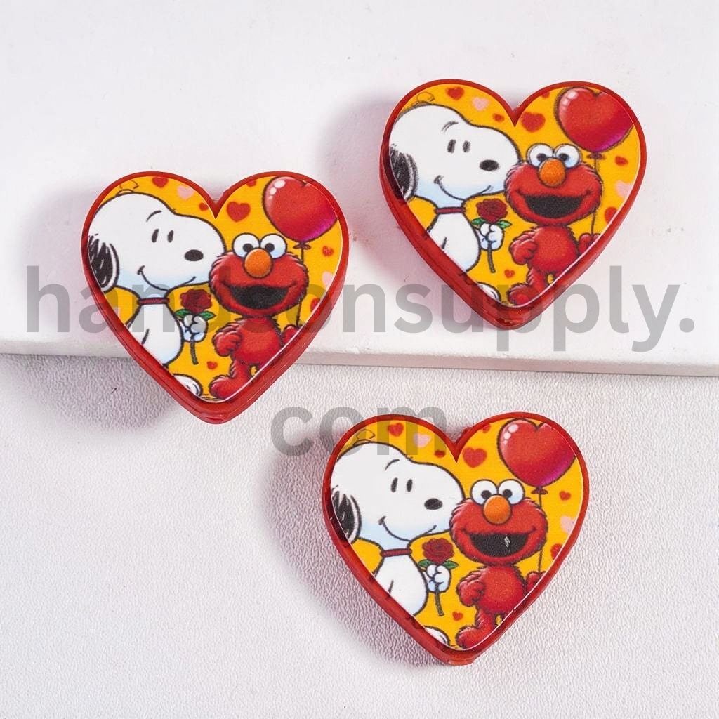 Heart Shape Design with White Cute Dog and Red Monster Characters Holding Red Rose Flower & Balloon Valentine's Day Theme Silicone Focal Beads