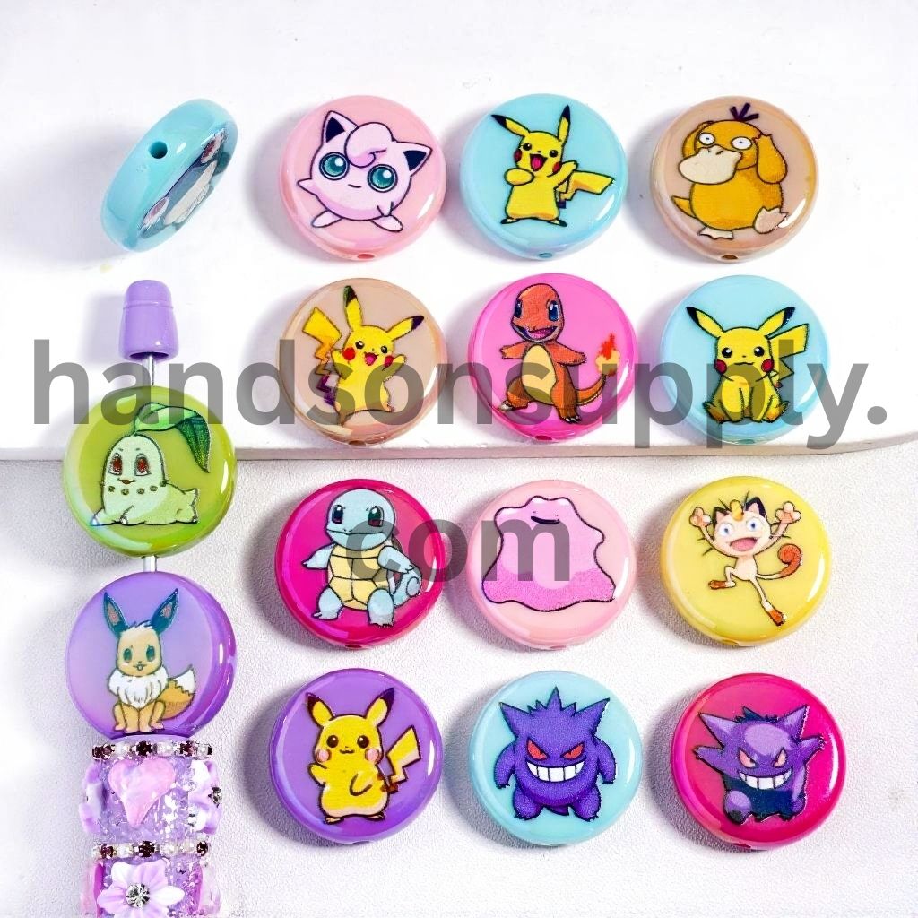 UV Coating Cute Small Monster Series Different Design Multi-Color Double Side Prints Flat Round Acrylic Beads 23 MM Random Mix
