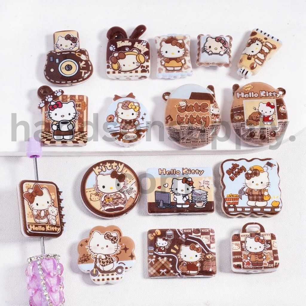 Double Sided Print Cute Cat Brown Designs Different Shape Acrylic Pendant Beads Random Mix