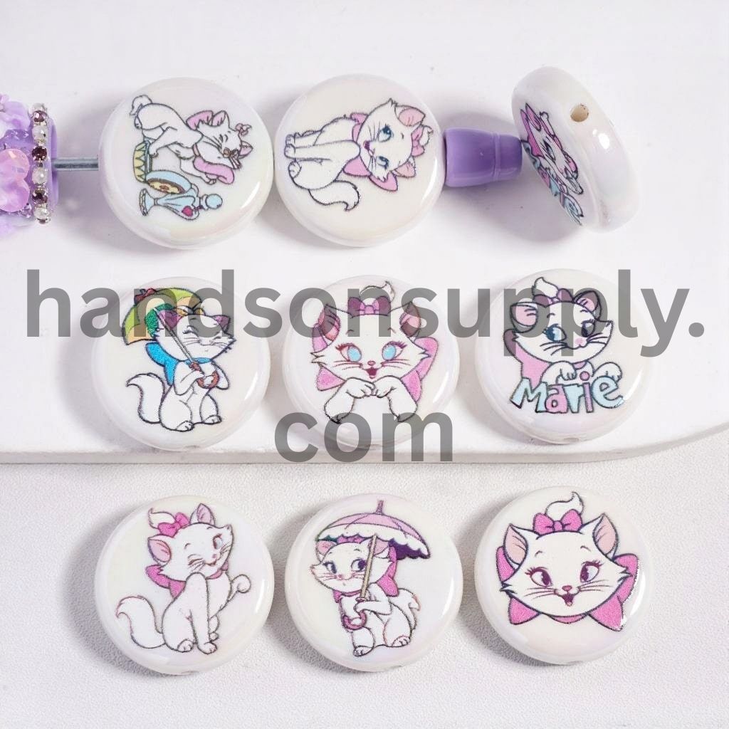 UV Coated White Background Cute Cat Character Double Side Print Flat Round Shape Acrylic Beads
