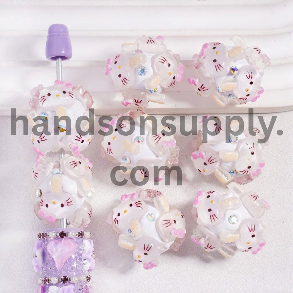 Cute Cat Popsicle Character with AB Rhinestones, Round Clay Beads 22 MM