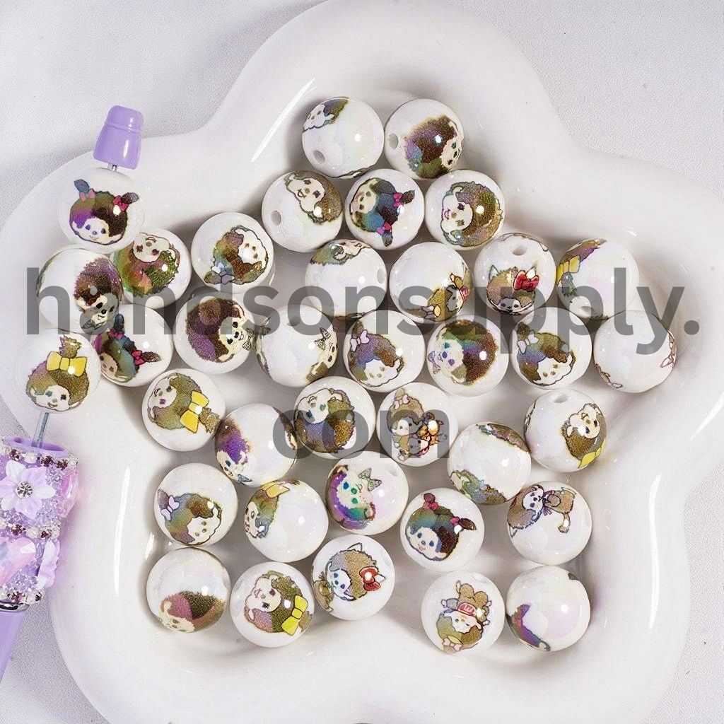 UV Coated Cute Baby Monkey Doll Girl & Boy Characters Print on White Background Acrylic Beads16 MM, Random Mix