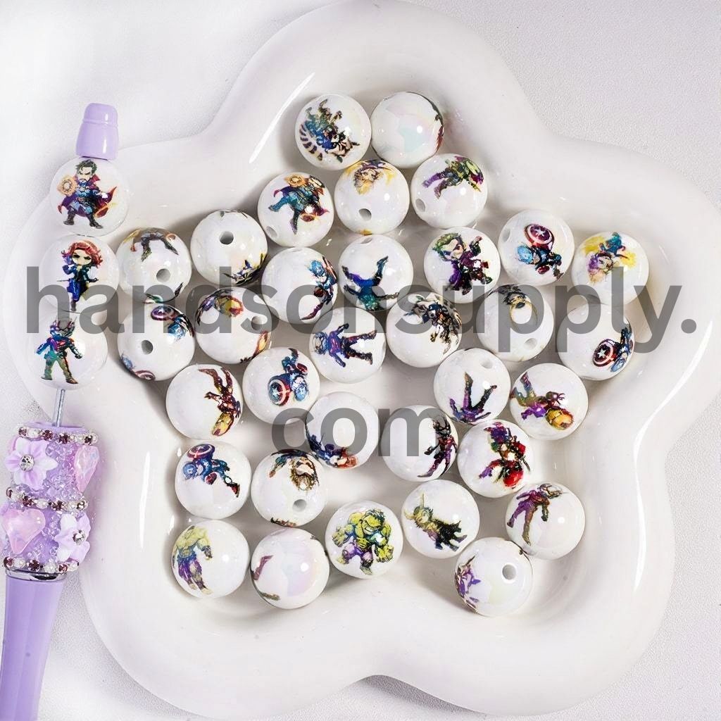 UV Coated Cute Strong Cartoon Character Series Print Round Acrylic Beads 16 MM, Random Mix