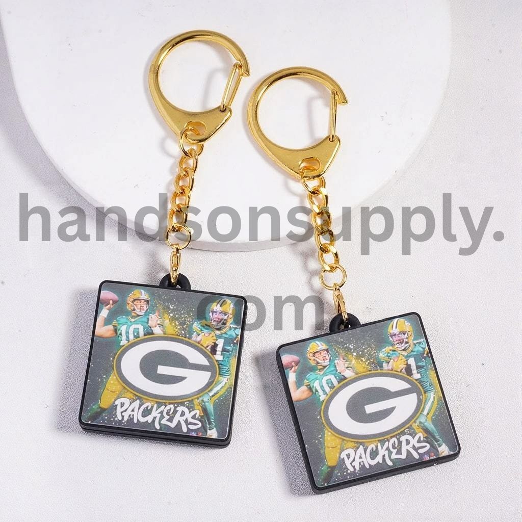 Green & Gold USA Football Lobster Clasp with Silicone Charm Pendant Keychain with Gold Color Lobster Clasp