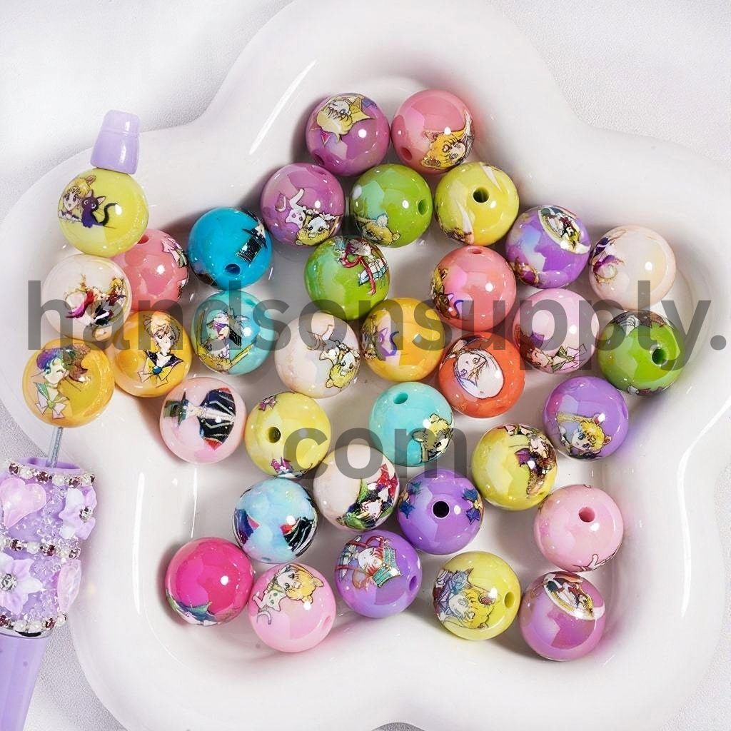 Cute Magical Girl Character Series Print Multi Color Round Acrylic Beads 16 MM, Random Mix