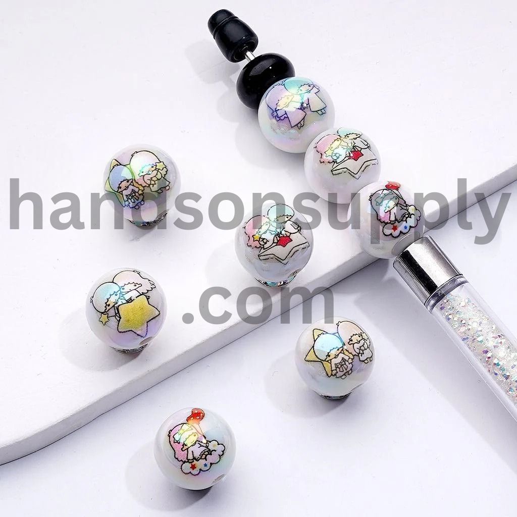 Adorable Character Cute Babies Baby Star Doll UV Coating Family White Round Acrylic Beads, 16MM, Random Mix