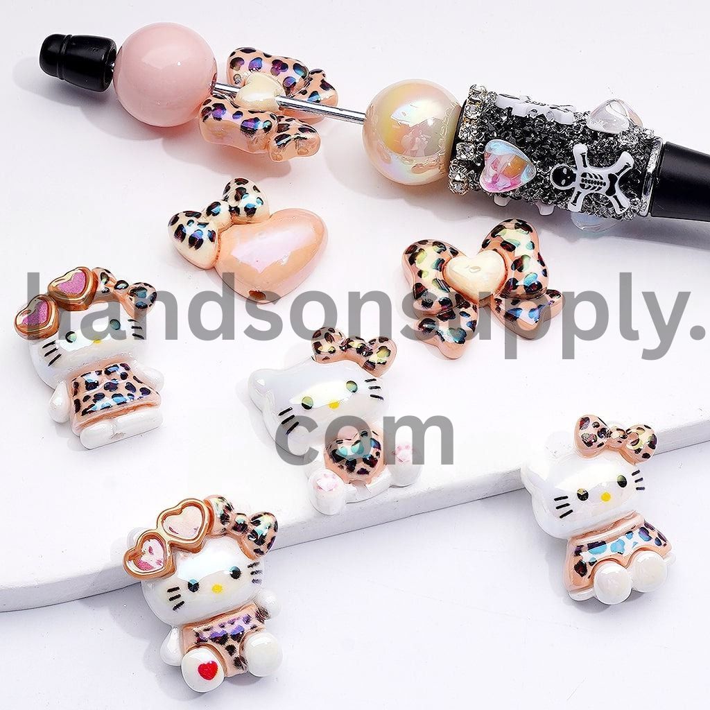 Acrylic Beads UV Coating Cute Adorable Cat Character in Leopard Prints Costume Heart Bowtie, Random Mix
