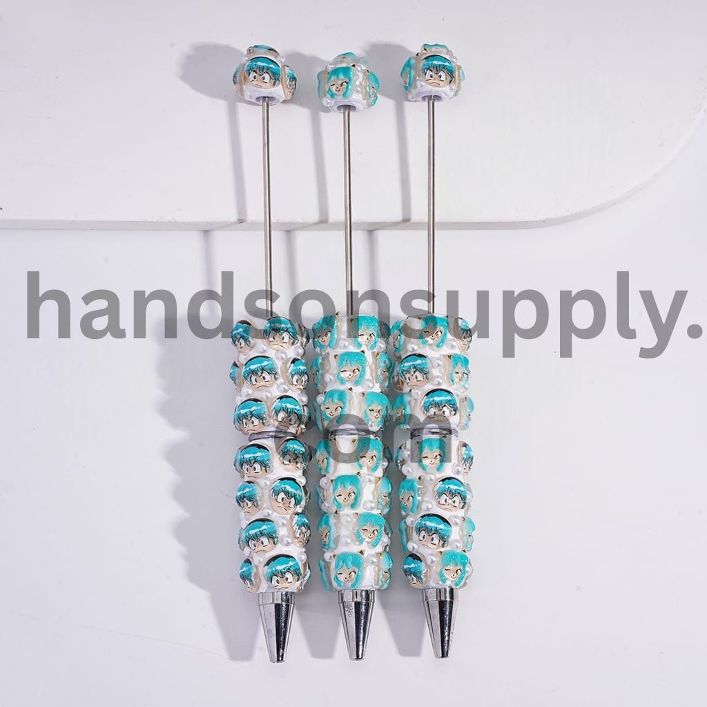 Teal Beadable Clay Pens with Japanese Virtual Character & White Pearls Random Mix