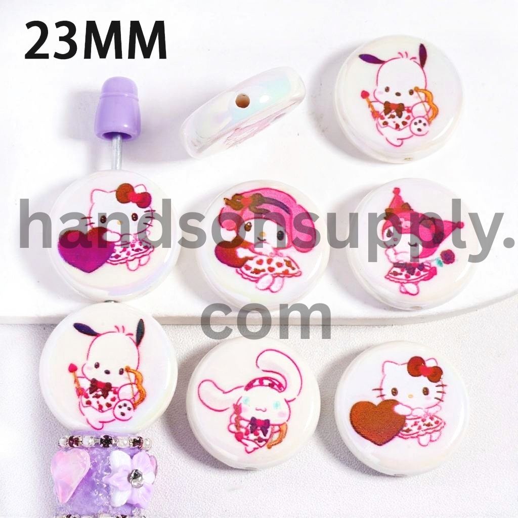 UV Coated Cute Adorable Character Print Flat Round Shape Pink Acrylic Beads 23MM Random Mix