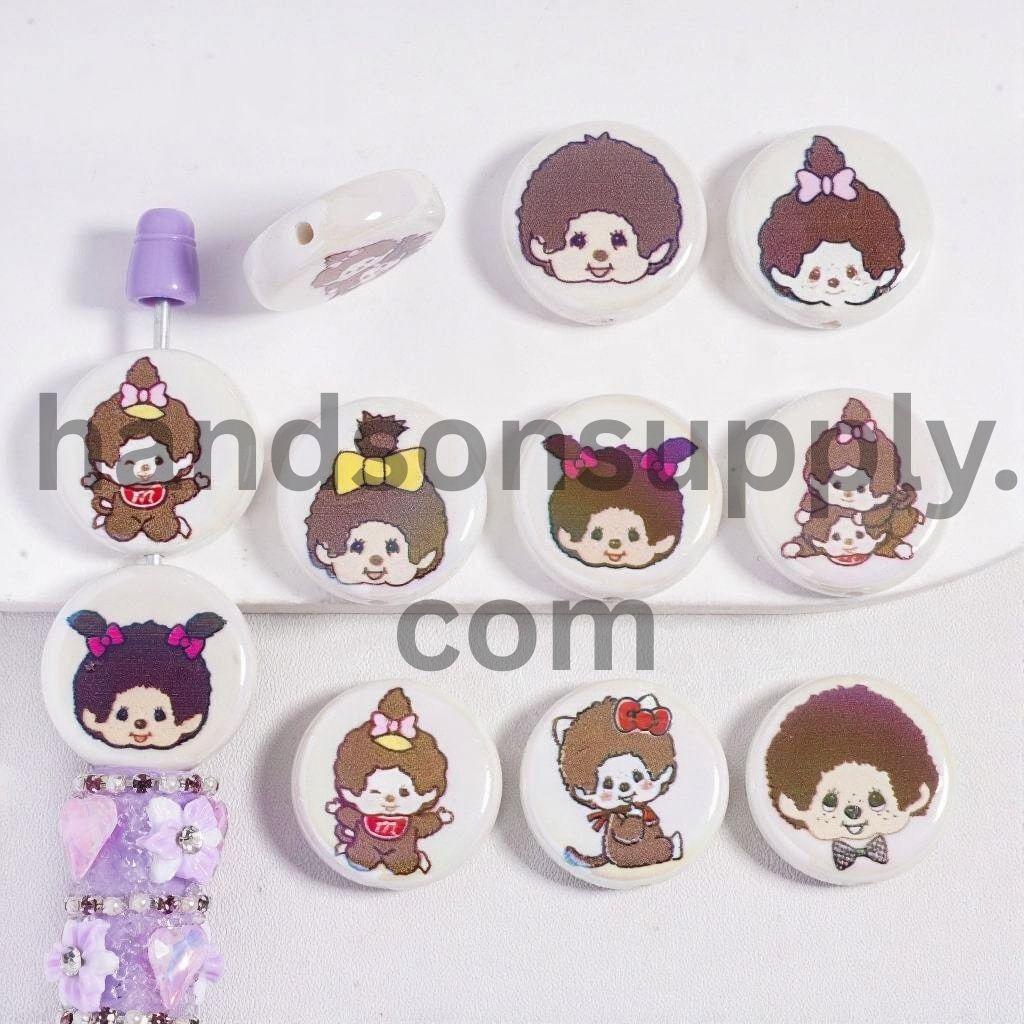 Cute Monkey Doll Pattern Print Flat Round Acrylic Beads 23MM, Random Mix